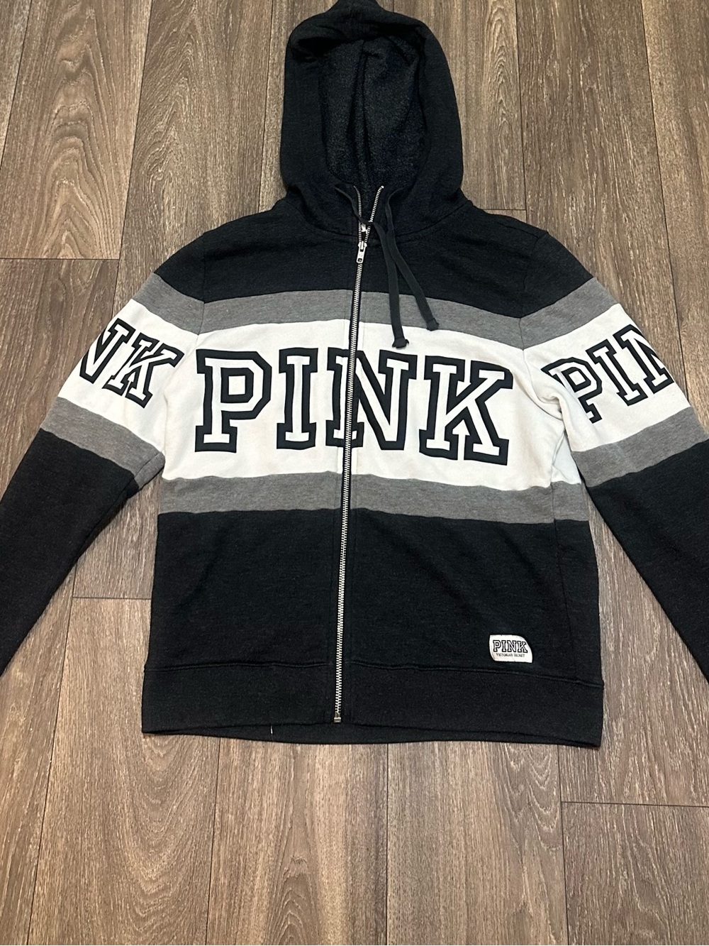 PINK Victoria's Secret Black White Gray Colorblock Zip Hoodie